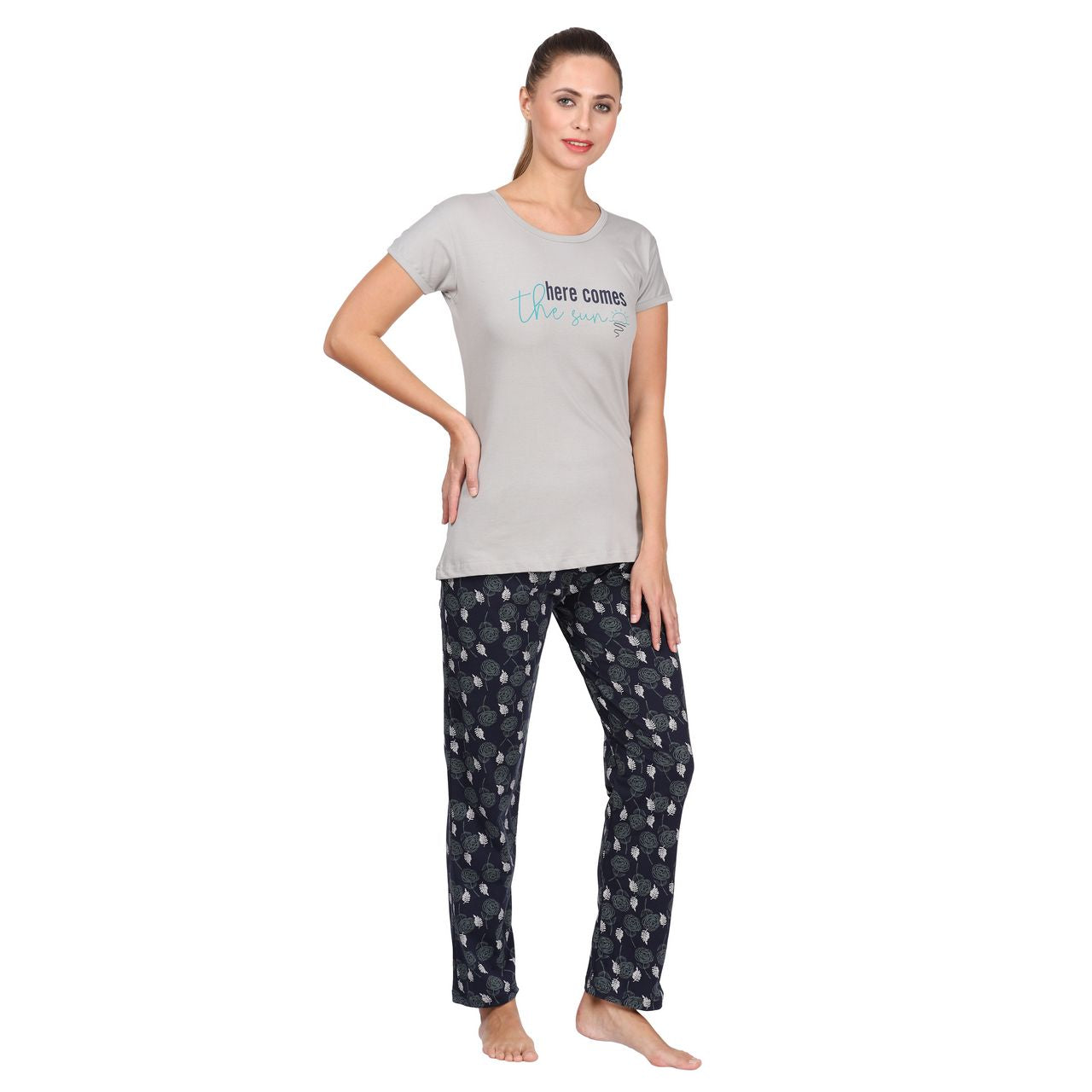 top and pajama set for women light grey-dark grey color