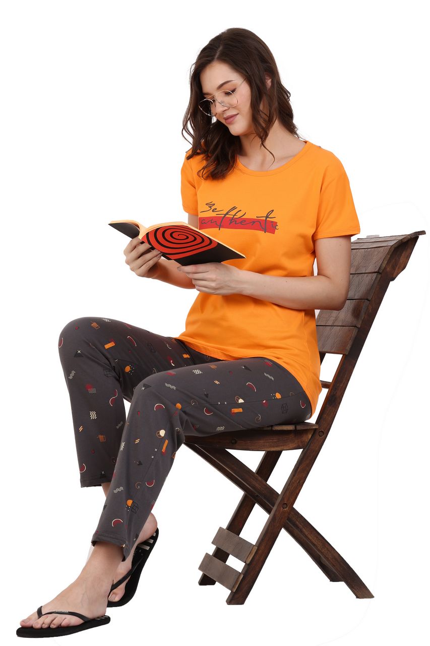 top and pajama set for women orange & grey color