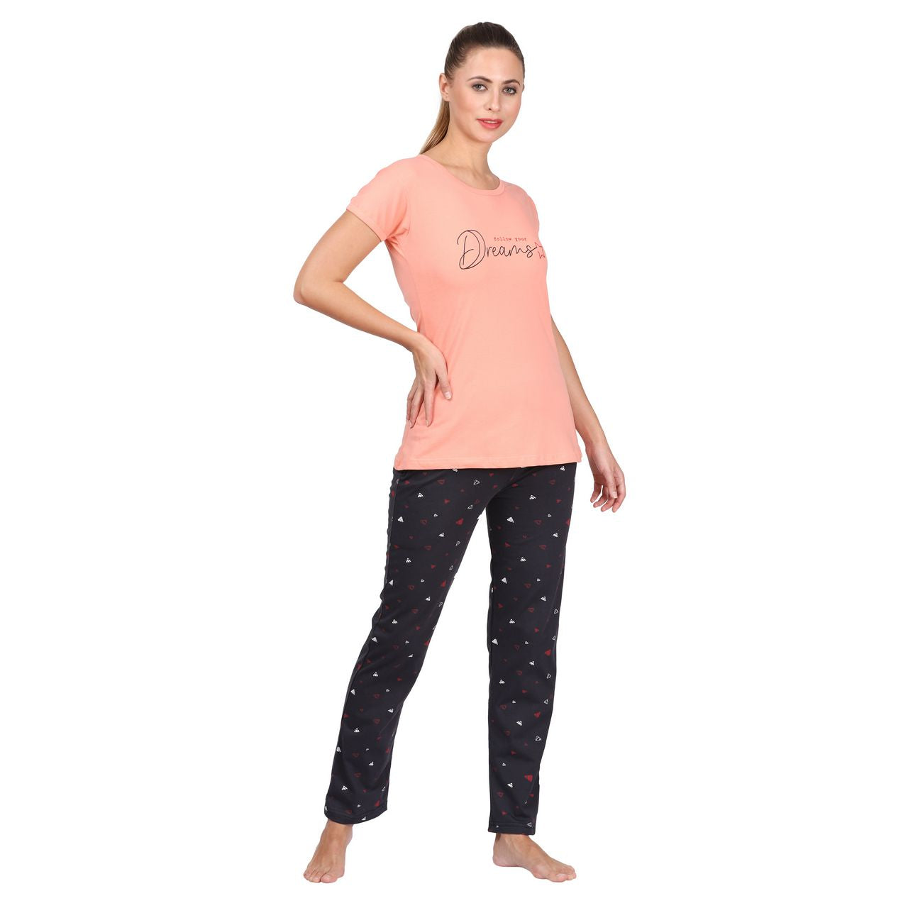 top and pajama set for women peach-dark grey color