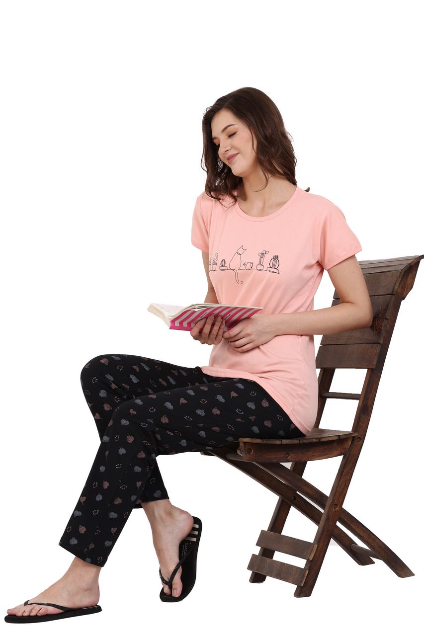 top and pajama set for women peach & black color