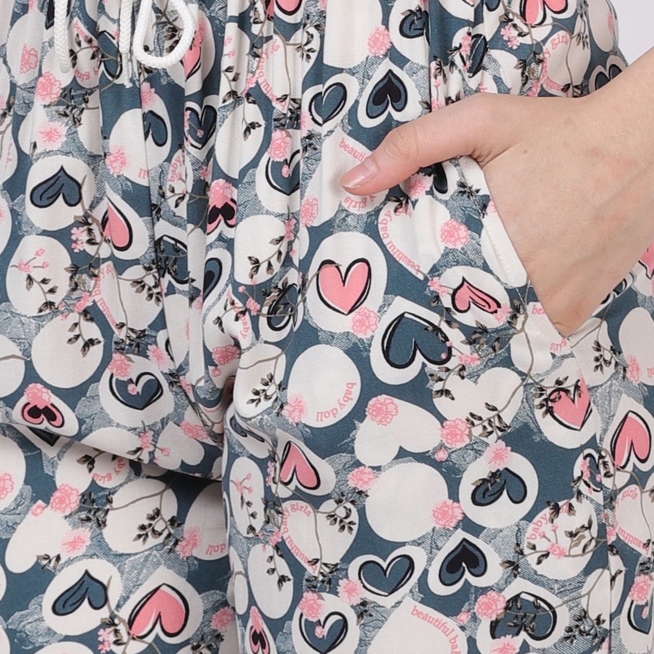 top and pajama set for women pink heart print