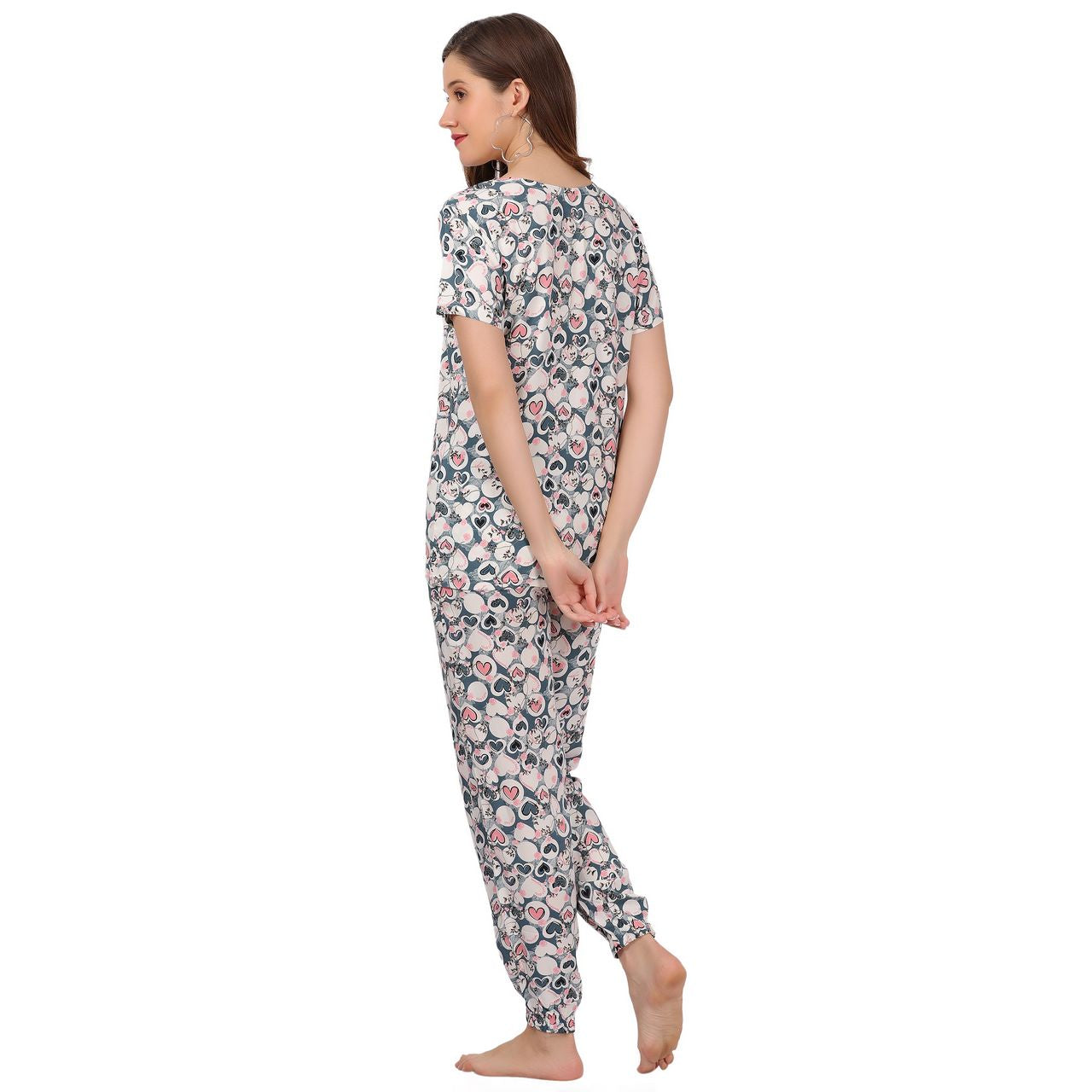 top and pajama set for women pink heart print