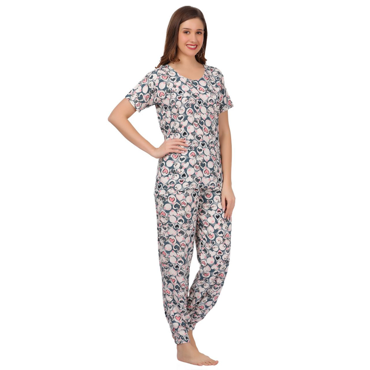 top and pajama set for women pink heart print