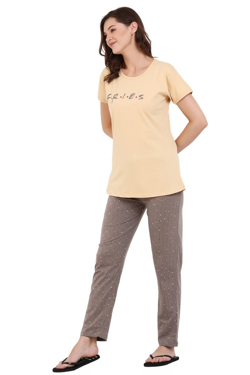 top and pajama set for women yellow & brown color