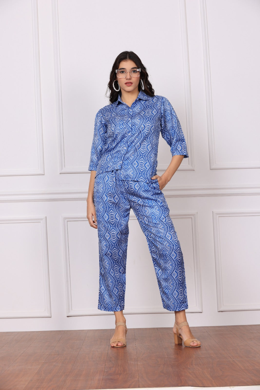 Women Low-High Collared Shirt & Pyjama Co-ord Set