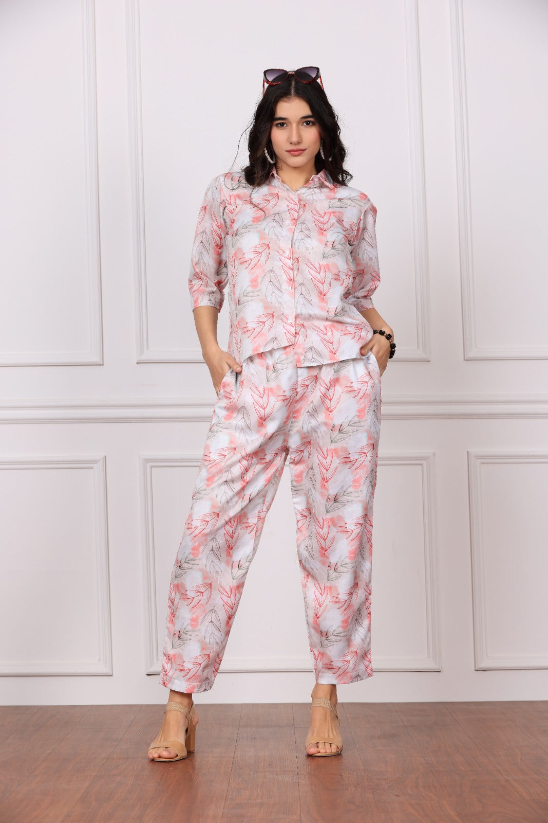 Women Low-High Collared Shirt & Pyjama Co-ord