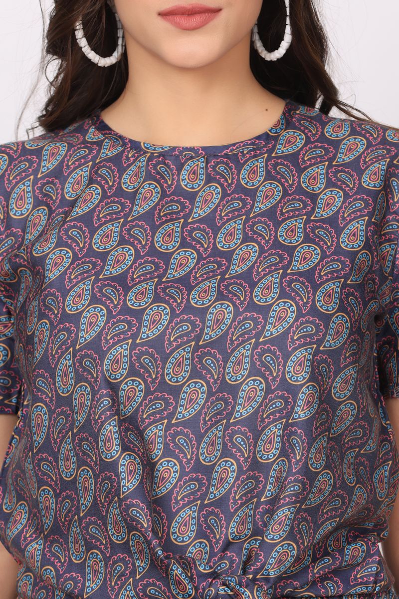 front tie top & bell bottom co-ord set for women arabic boota print