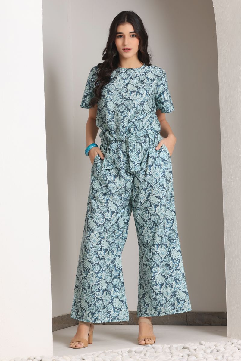 front tie top & bell bottom co-ord set for women flora print
