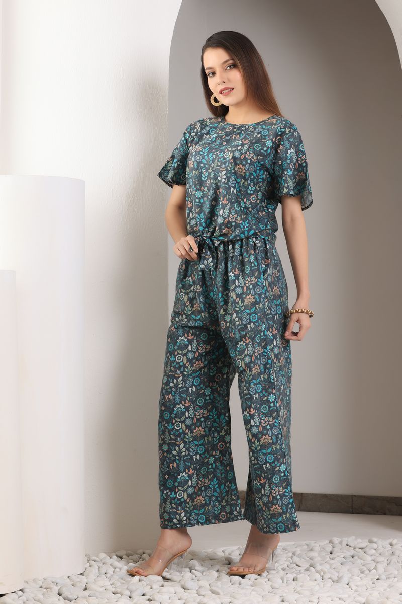 front tie top & bell bottom co-ord set for women kalamkari print