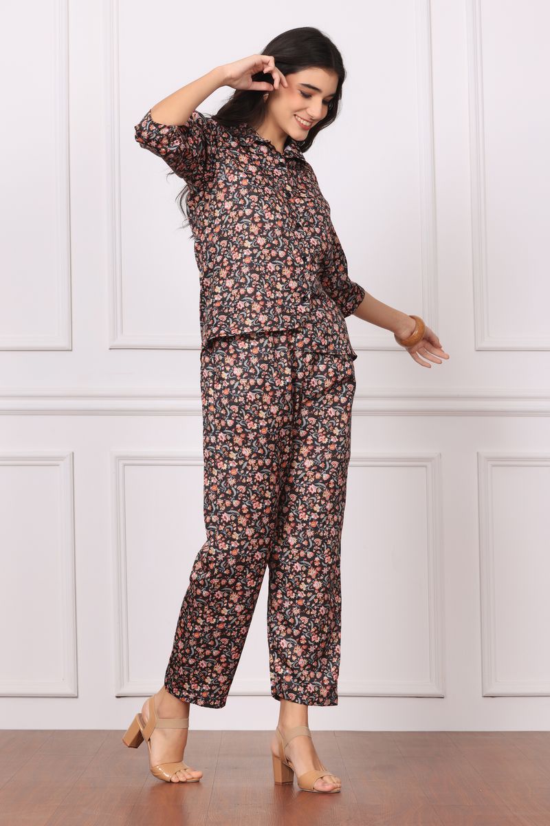 Women Low-High Collared Shirt & Pyjama Co-ord Set