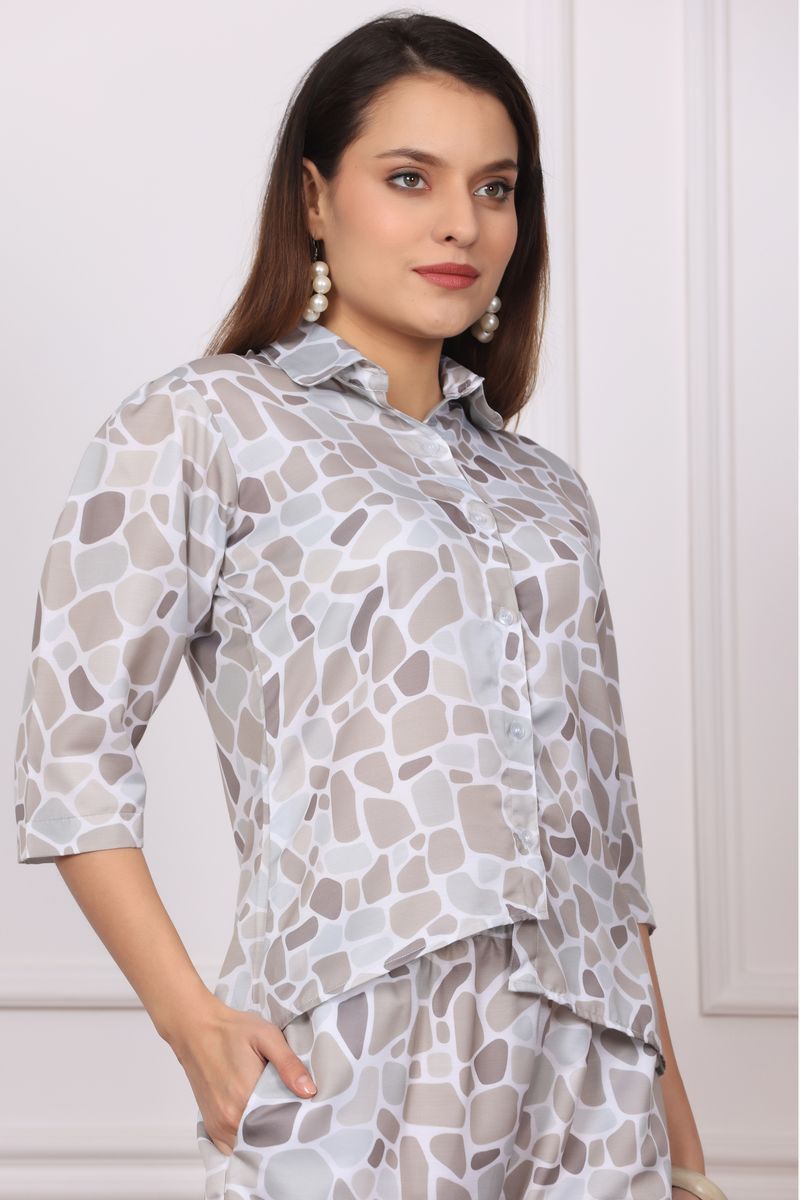 Women Low-High Collared Shirt & Pyjama Co-ord Set