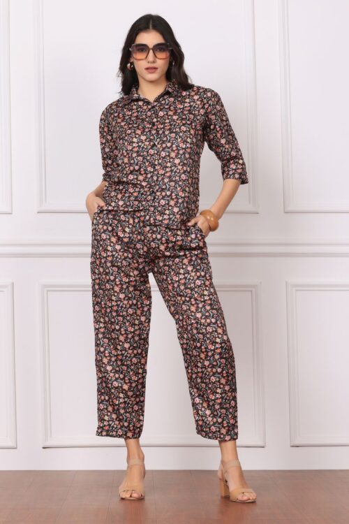 Women Low-High Collared Shirt & Pyjama Co-ord Set