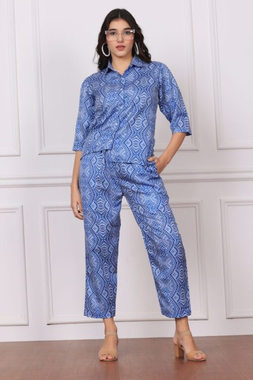 Women Low-High Collared Shirt & Pyjama Co-ord Set